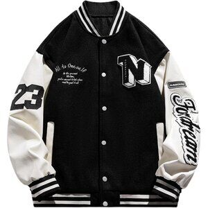Men's Varsity Jackets Vintage Baseball Letterman Jacket Button Down Black White